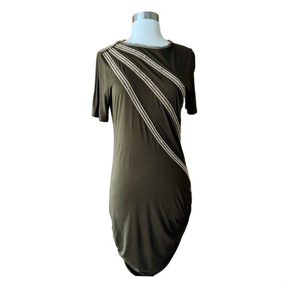 ROBERTO CAVALLI Dress Jersey Chain Embellished Ruched Short Sleeve Green 44 EUC - Picture 8 of 12